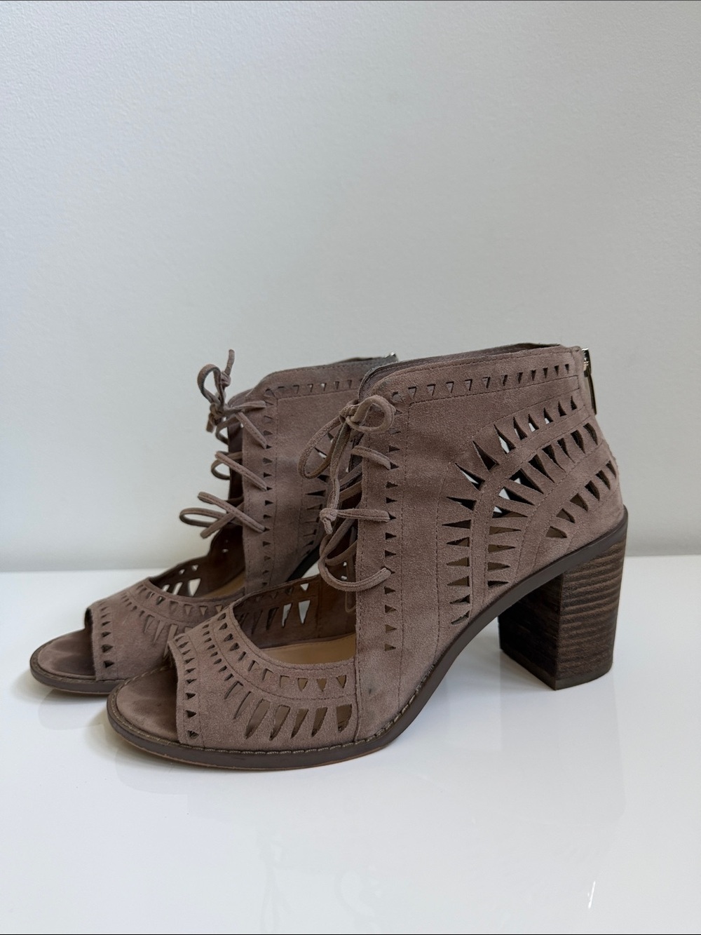 Vince Camuto Taupe Lace-Up Cutout Block Heel Booties